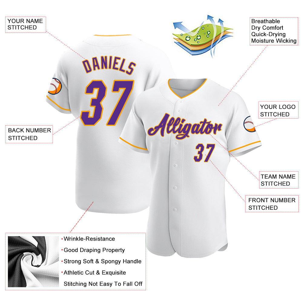 Custom White Purple-Gold Authentic Baseball Jersey