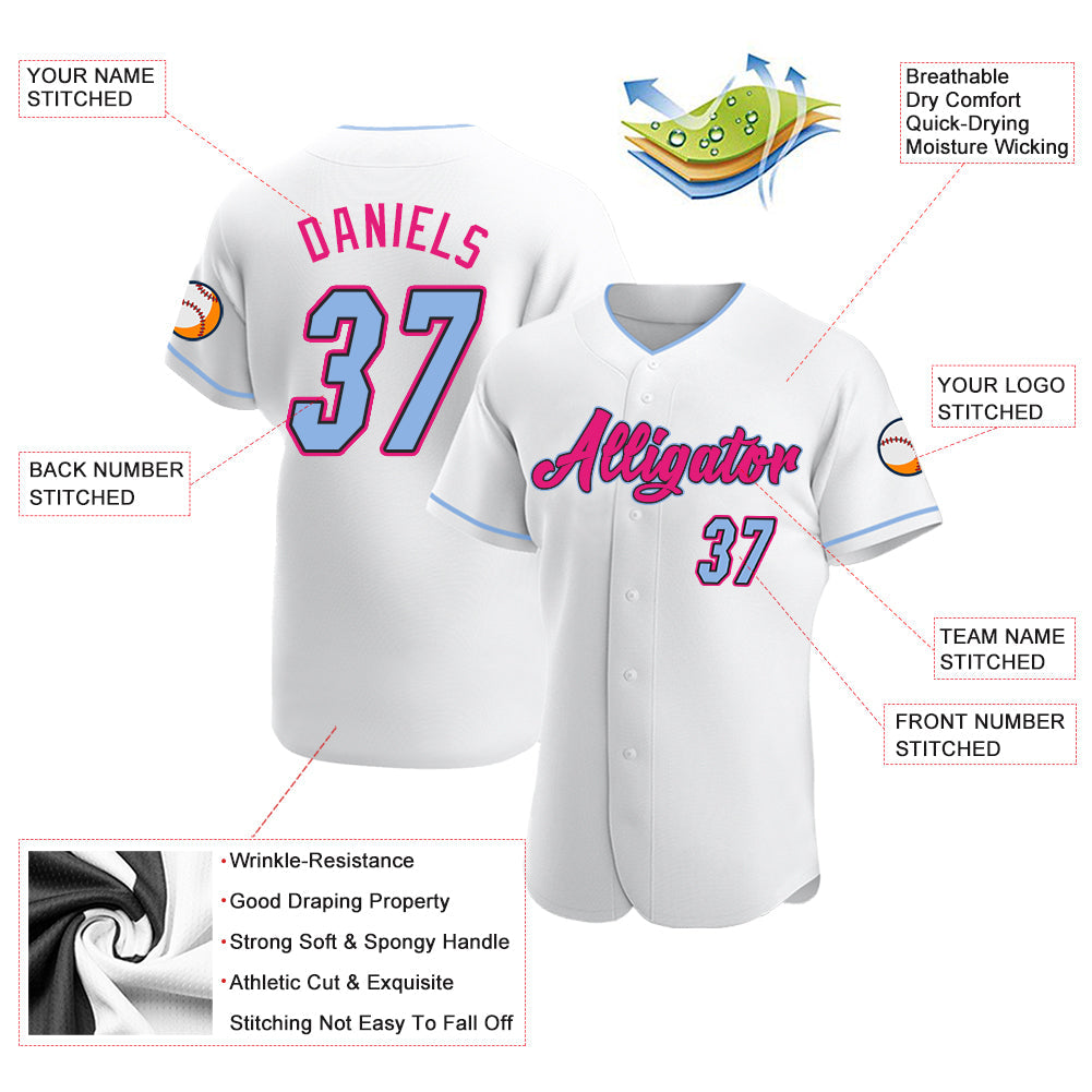 Custom White Light Blue Black-Hot Pink Authentic Baseball Jersey