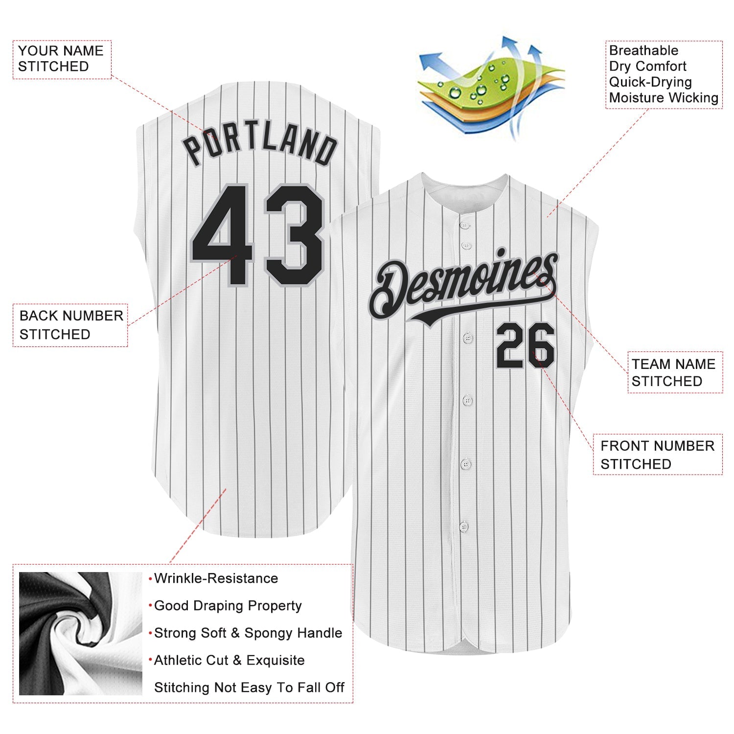 Custom White Black Pinstripe Gray Authentic Sleeveless Baseball Jersey