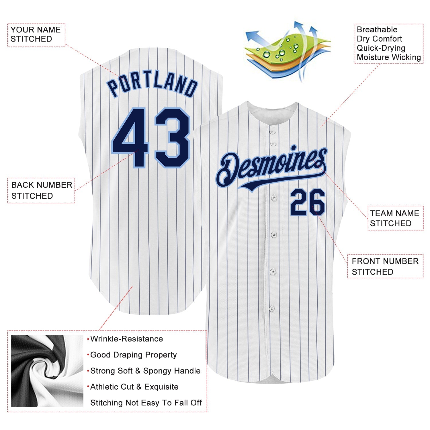 Custom White Navy Pinstripe Light Blue Authentic Sleeveless Baseball Jersey