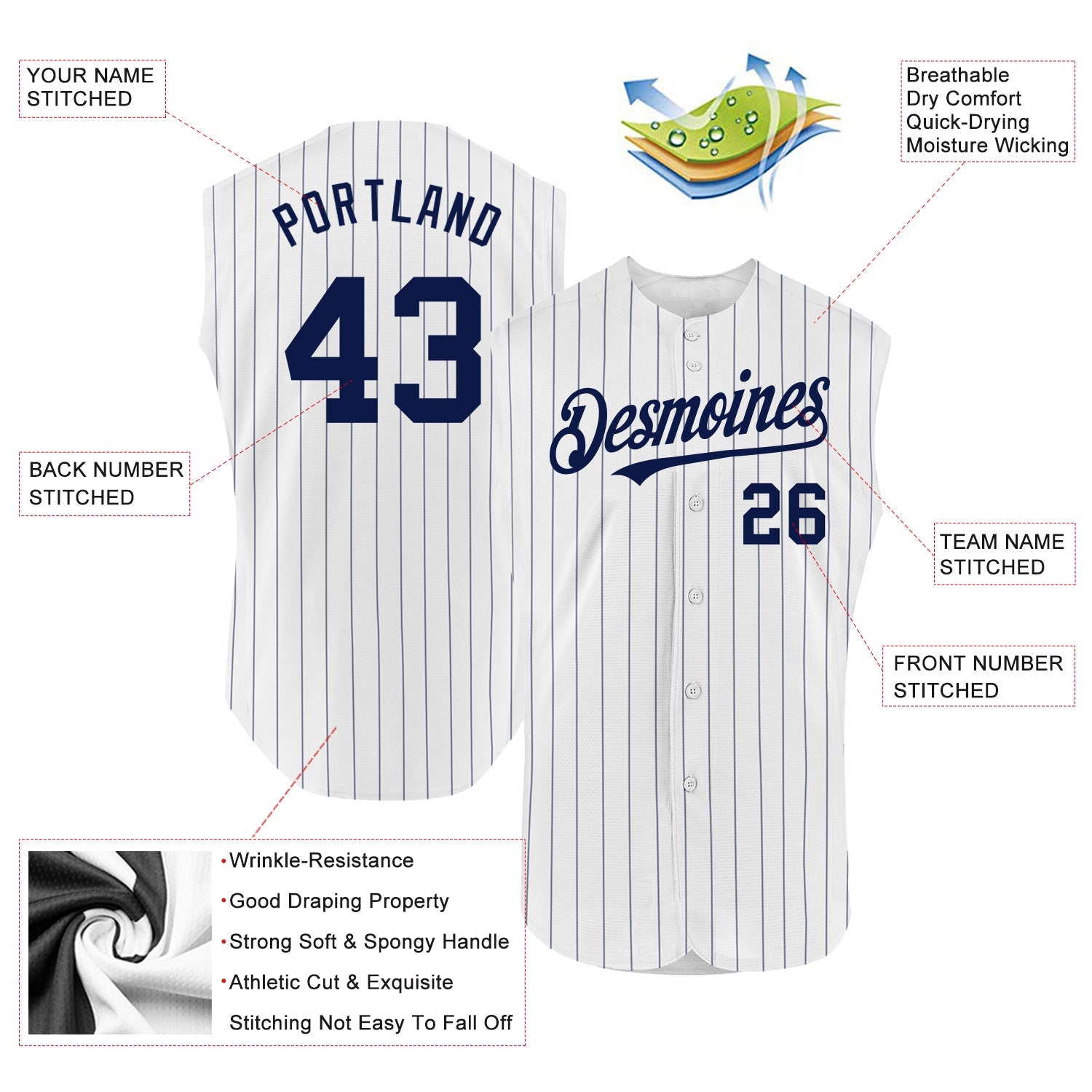 Custom White Navy Pinstripe Navy Authentic Sleeveless Baseball Jersey
