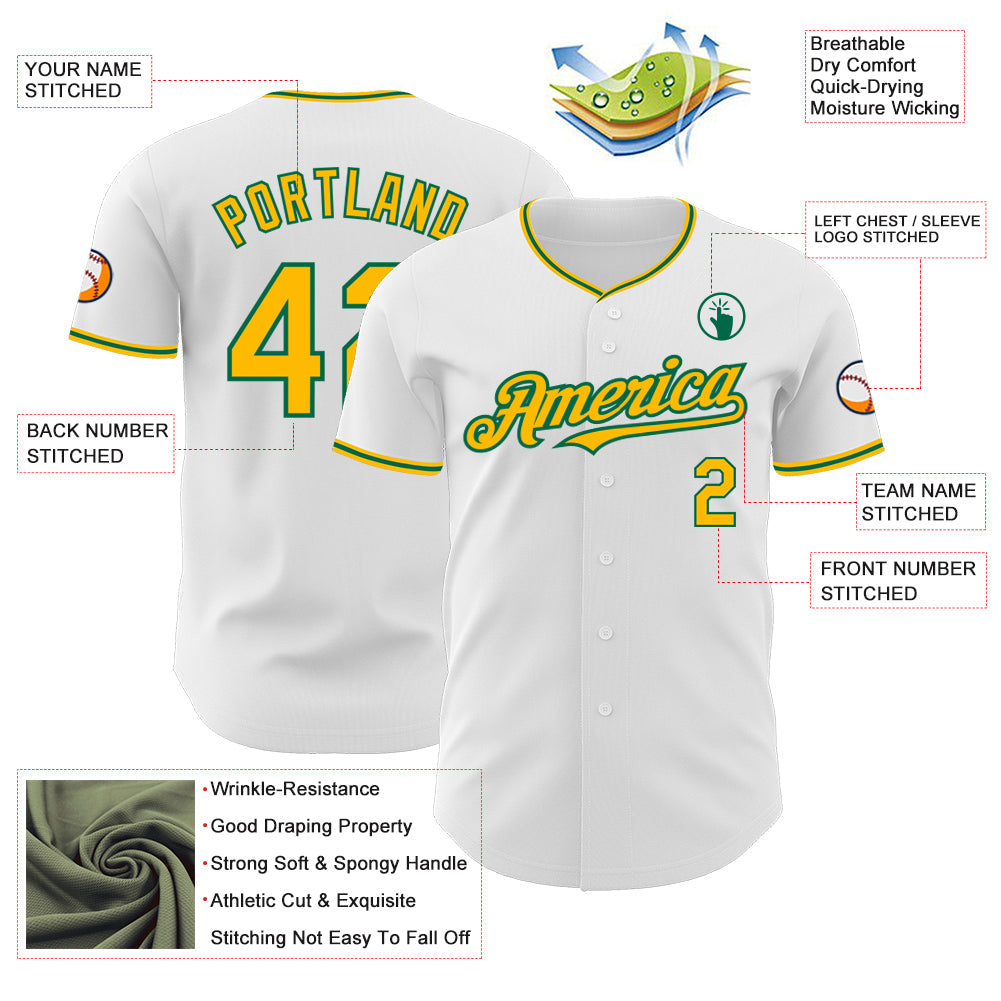 Custom White Gold-Kelly Green Authentic Baseball Jersey