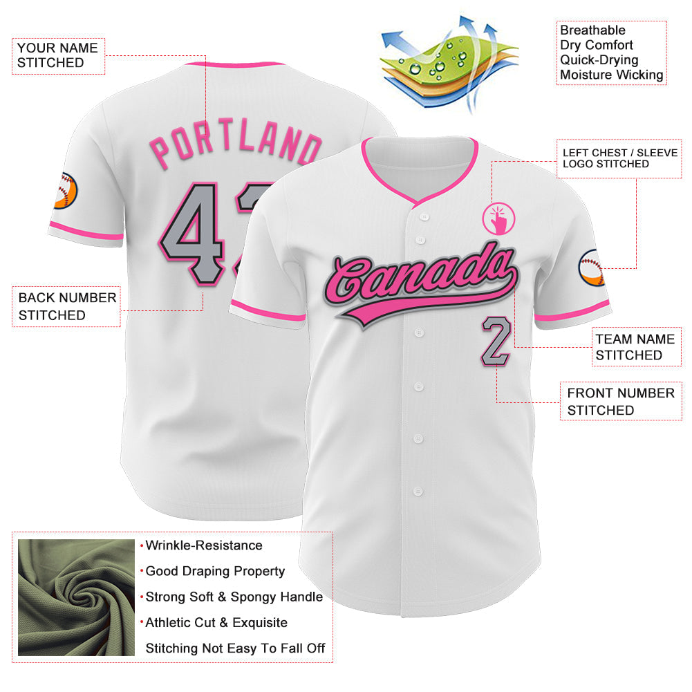 Custom White Gray Black-Pink Authentic Baseball Jersey