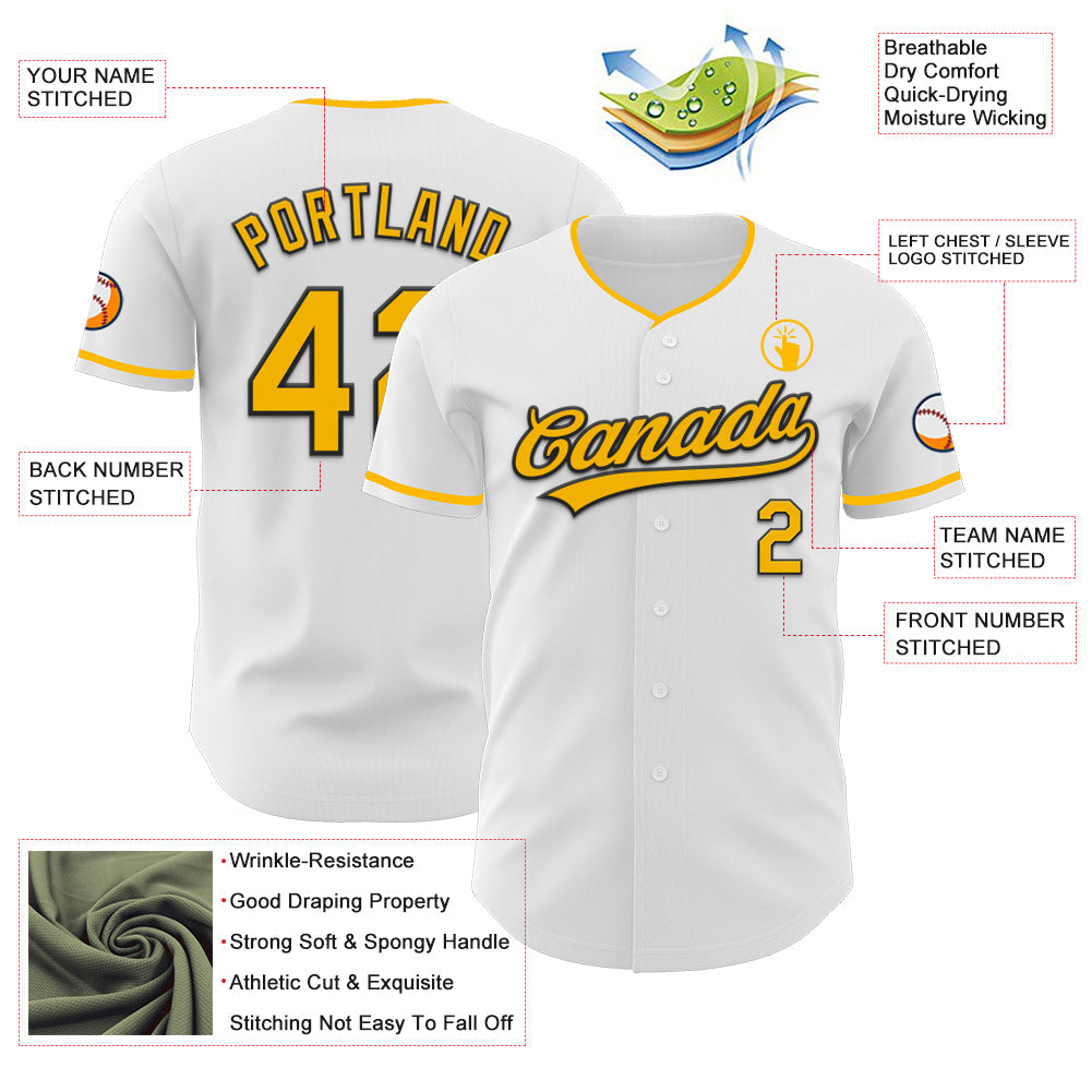 Custom White Gold-Black Authentic Baseball Jersey