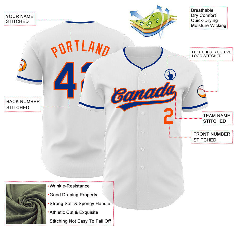 Custom White Royal-Orange Authentic Baseball Jersey