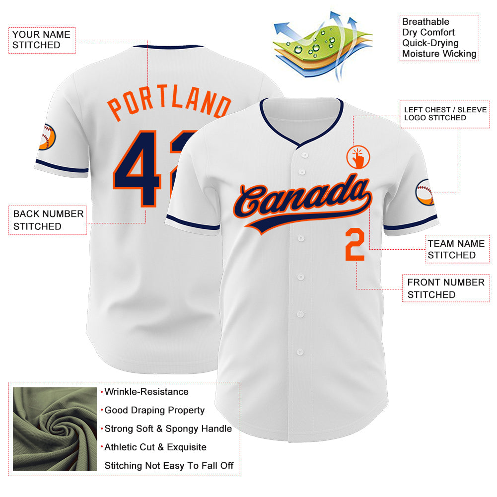 Custom White Navy-Orange Authentic Baseball Jersey