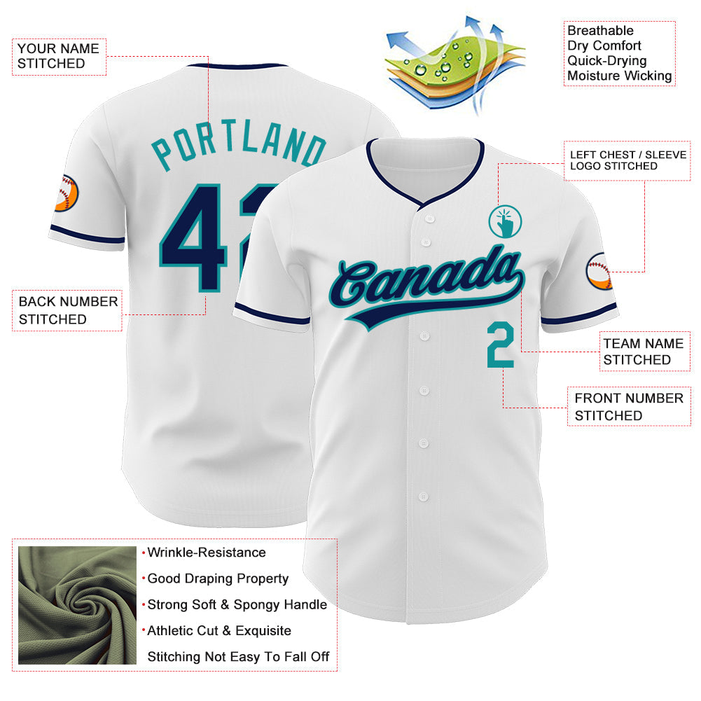 Custom White Navy-Teal Authentic Baseball Jersey