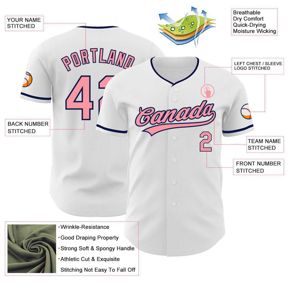 Custom White Medium Pink-Navy Authentic Baseball Jersey