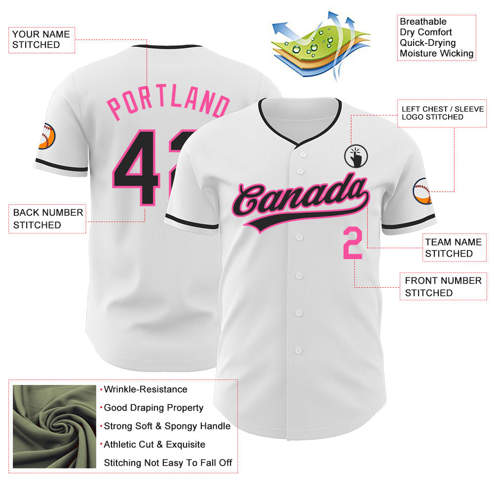 Custom White Black-Pink Authentic Baseball Jersey