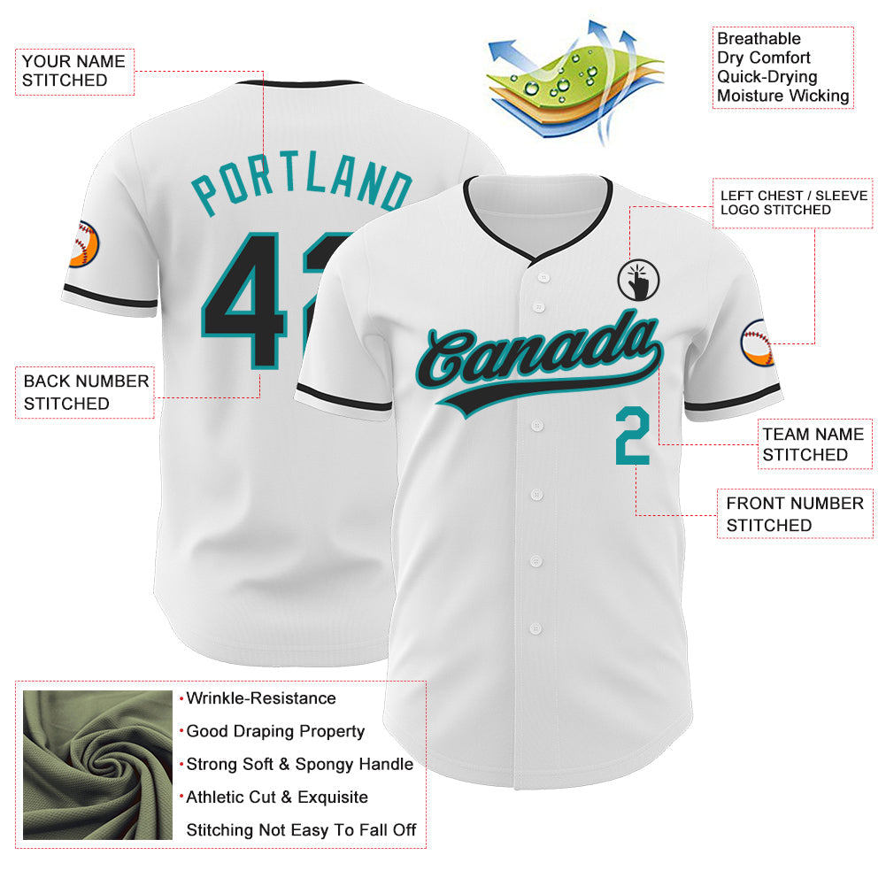 Custom White Black-Teal Authentic Baseball Jersey