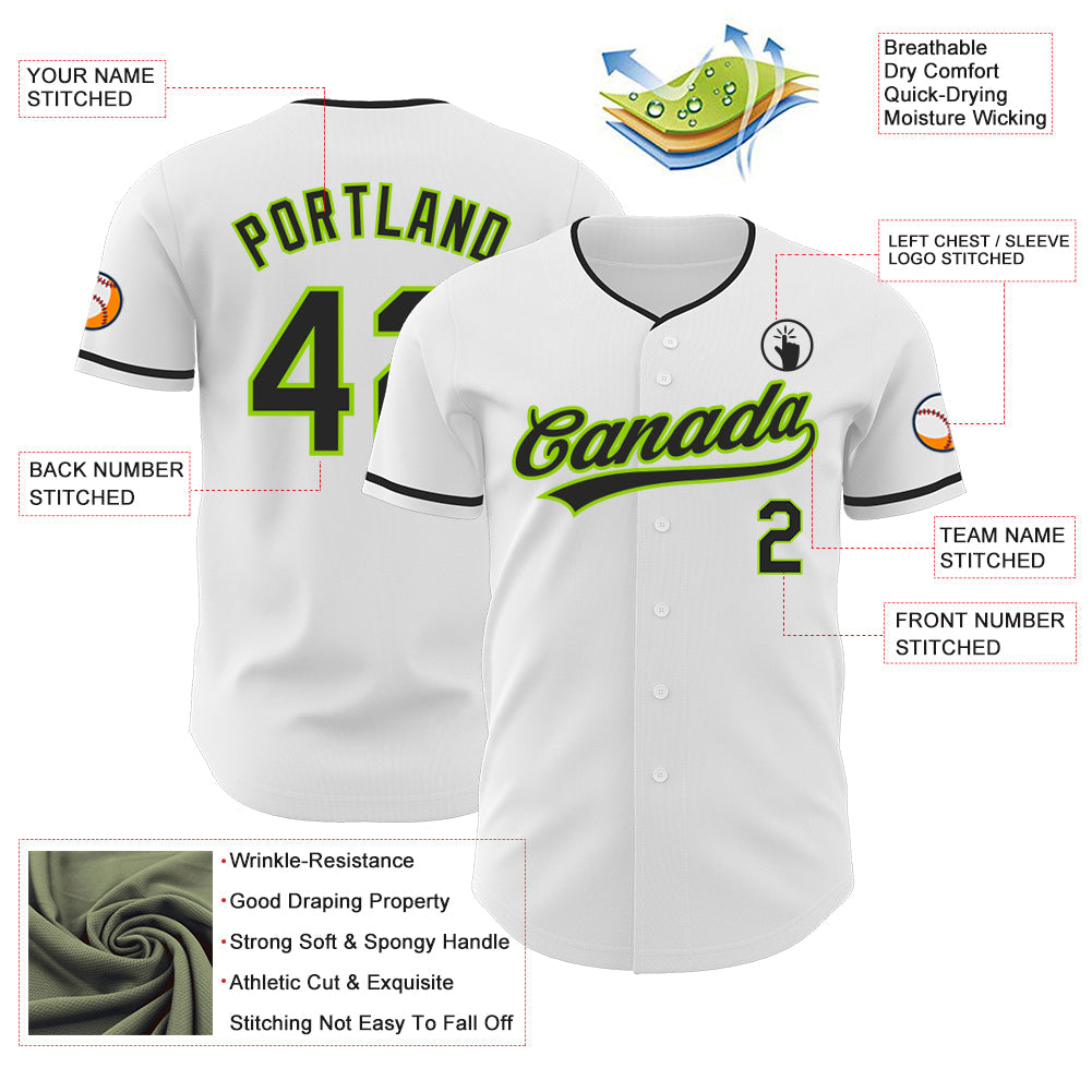 Custom White Black-Neon Green Authentic Baseball Jersey