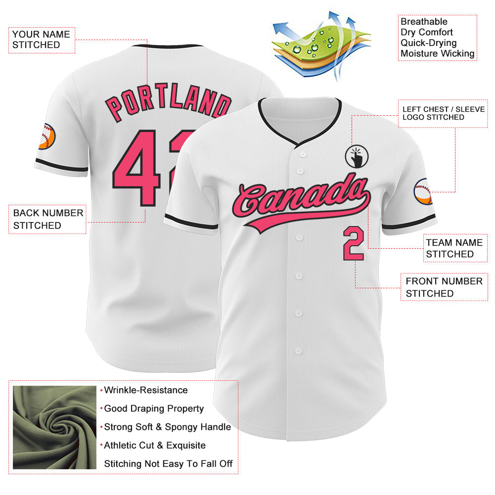 Custom White Neon Pink-Black Authentic Baseball Jersey