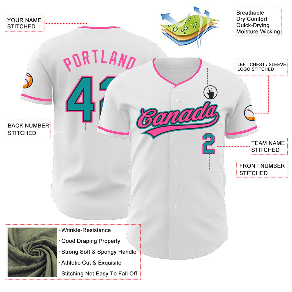 Custom White Teal Black-Pink Authentic Baseball Jersey