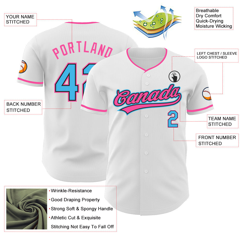 Custom White Sky Blue Black-Pink Authentic Baseball Jersey