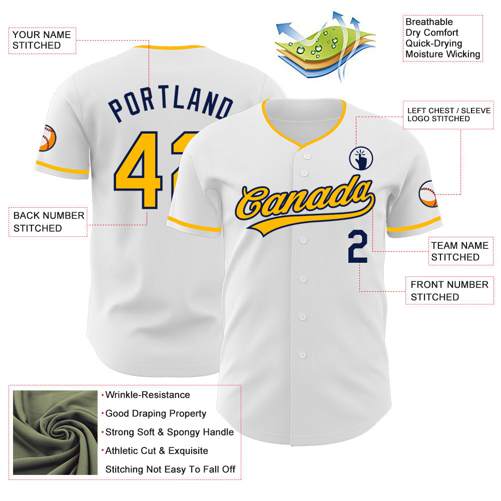 Custom White Gold-Navy Authentic Baseball Jersey