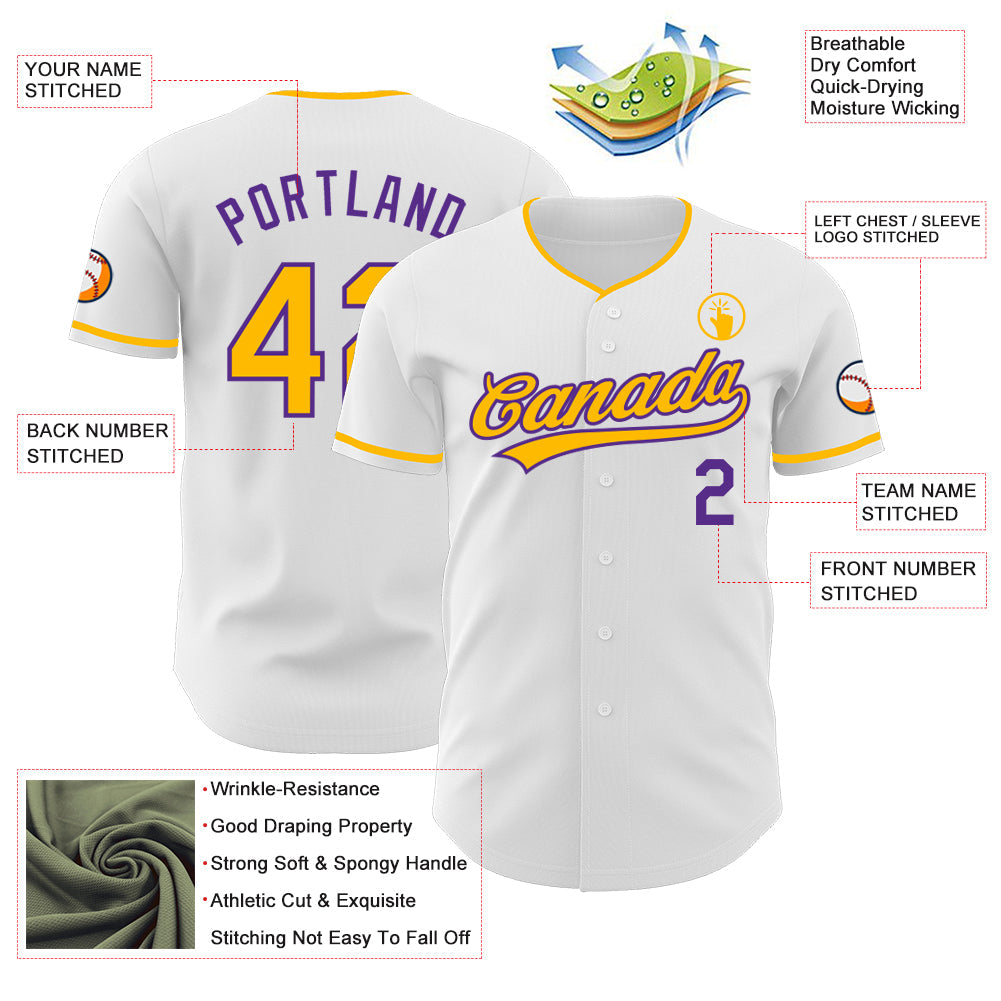 Custom White Gold-Purple Authentic Baseball Jersey