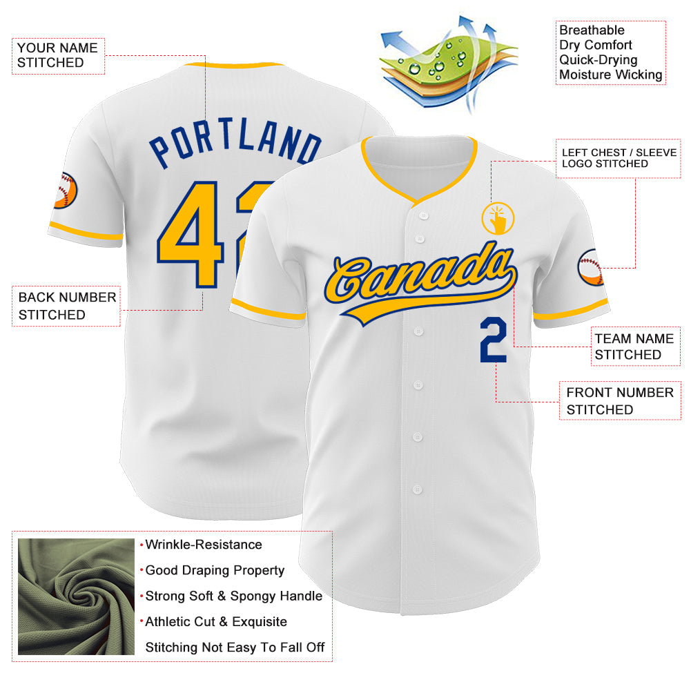 Custom White Gold-Royal Authentic Baseball Jersey