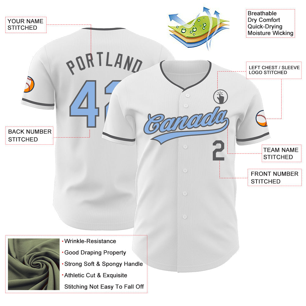 Custom White Light Blue-Steel Gray Authentic Baseball Jersey