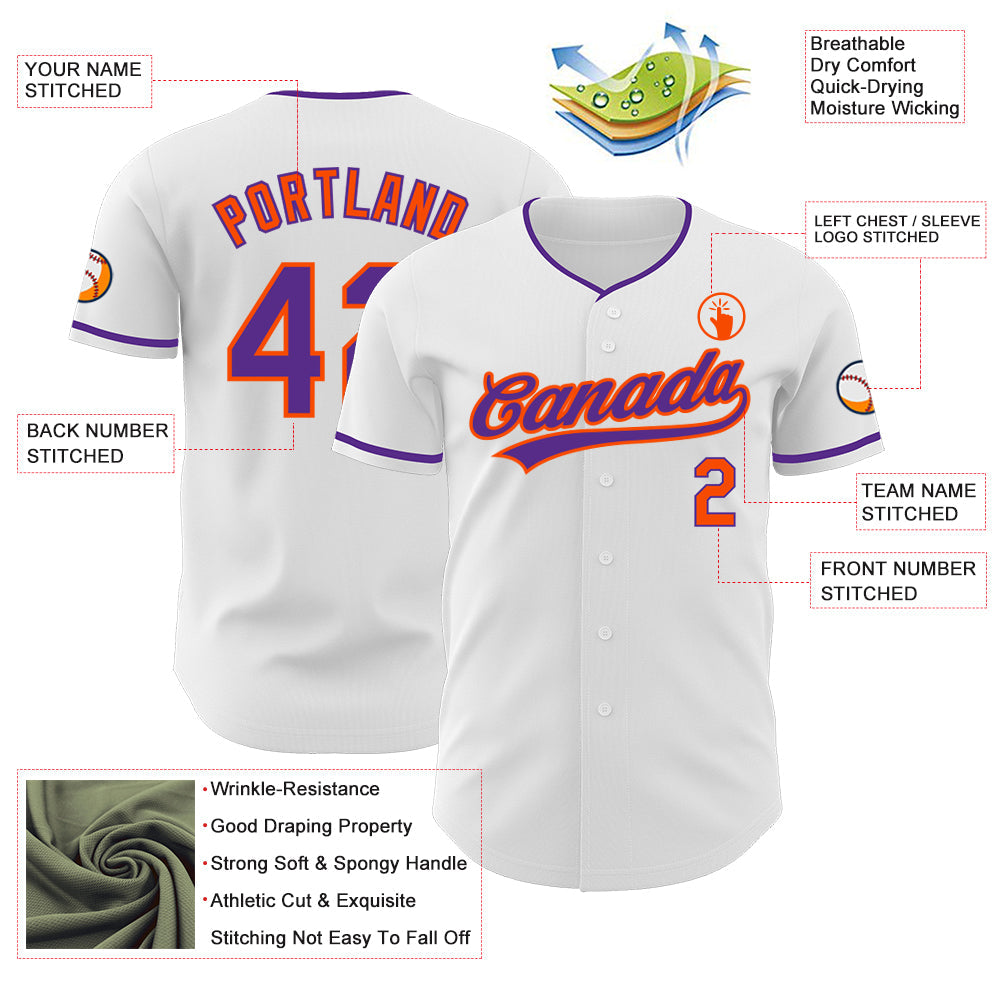 Custom White Purple-Orange Authentic Baseball Jersey