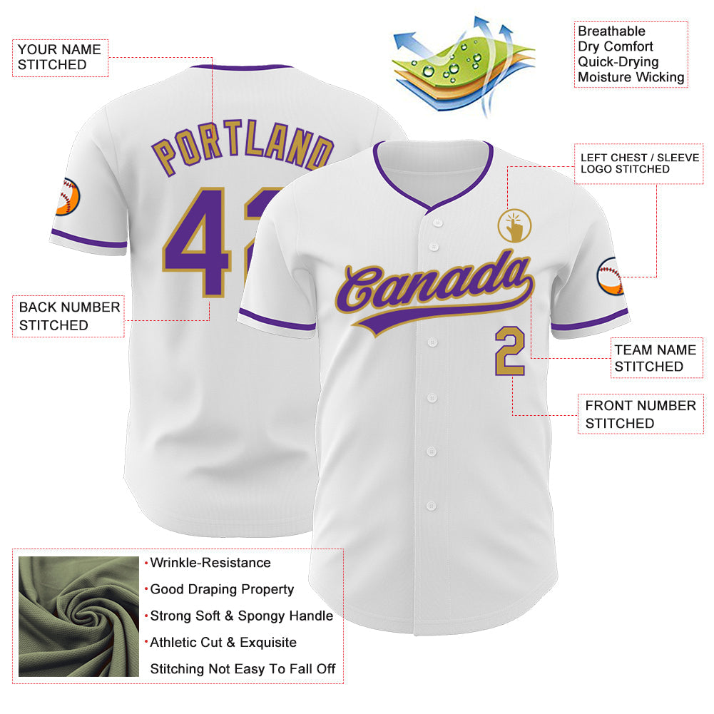 Custom White Purple-Old Gold Authentic Baseball Jersey