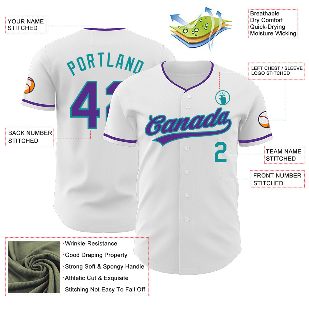 Custom White Purple-Teal Authentic Baseball Jersey