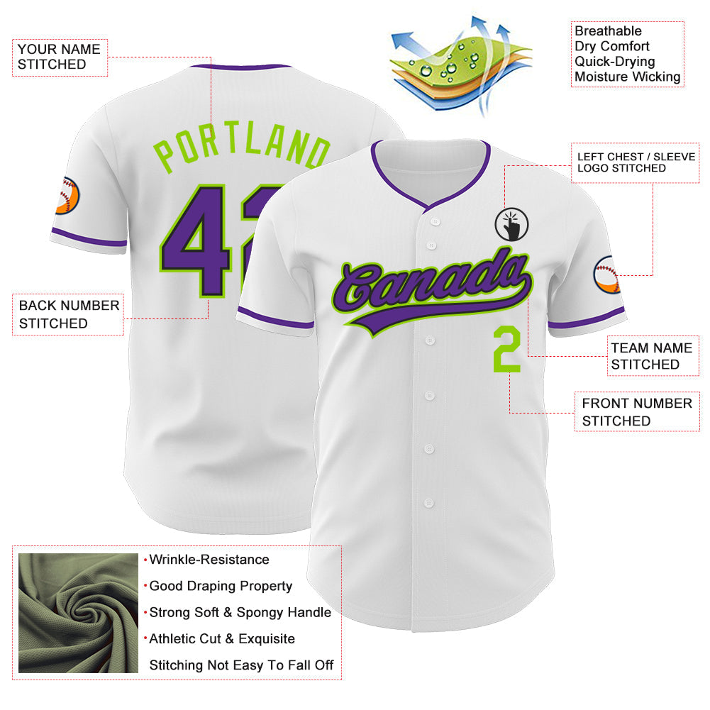 Custom White Purple Black-Neon Green Authentic Baseball Jersey