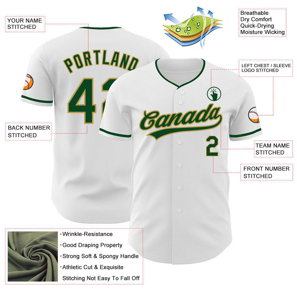 Custom White Green-Old Gold Authentic Baseball Jersey