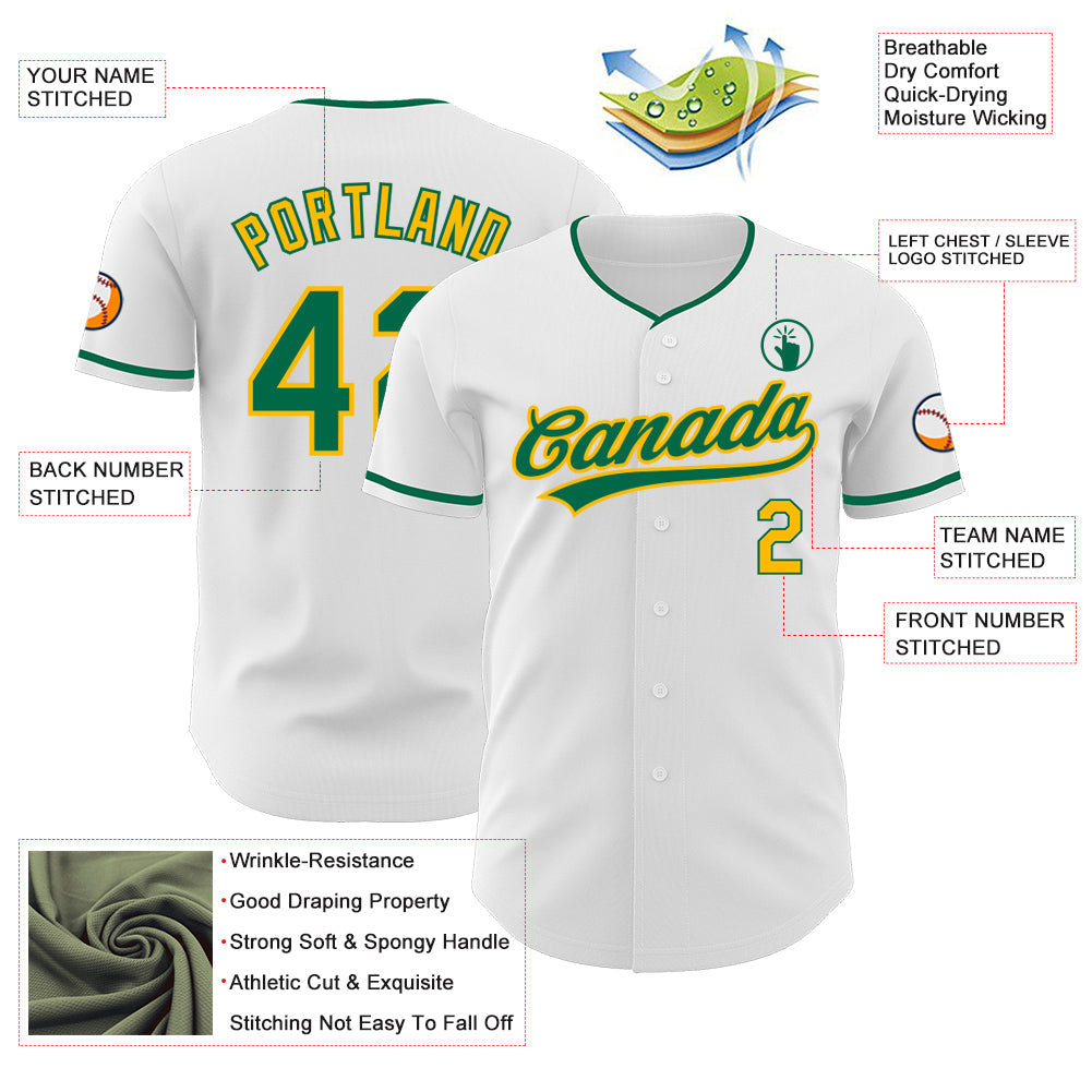 Custom White Kelly Green-Gold Authentic Baseball Jersey