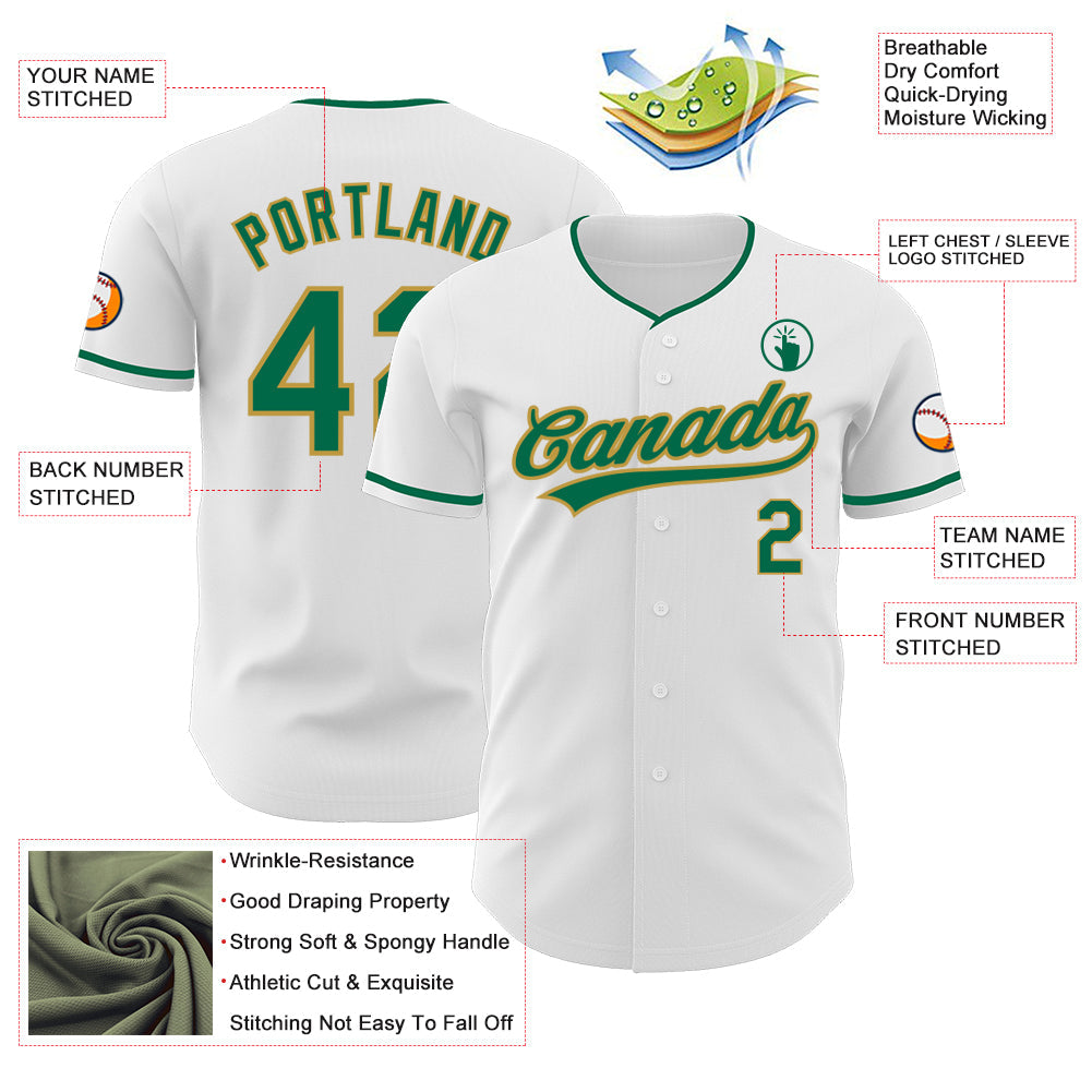 Custom White Kelly Green-Old Gold Authentic Baseball Jersey