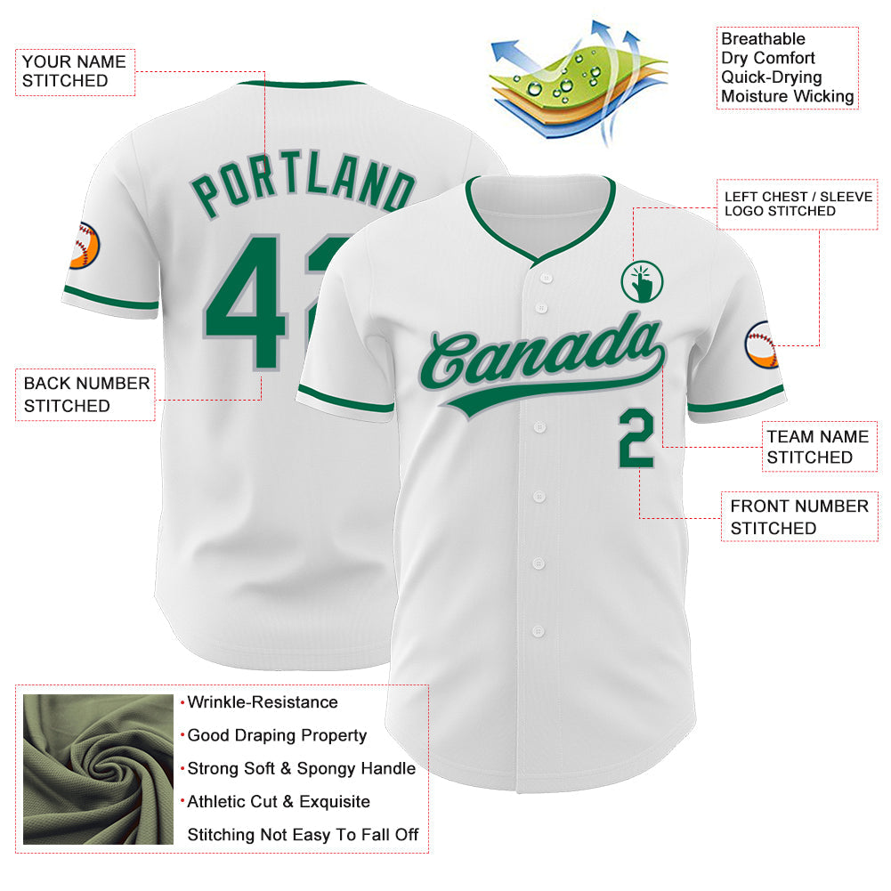 Custom White Kelly Green-Gray Authentic Baseball Jersey