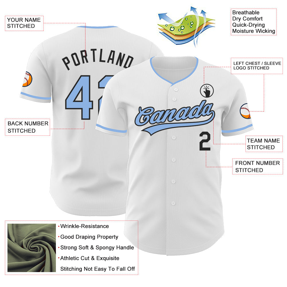 Custom White Light Blue-Black Authentic Baseball Jersey