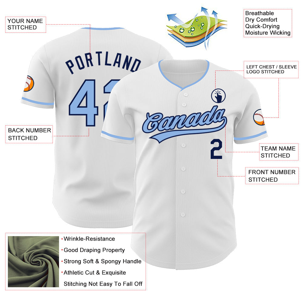 Custom White Light Blue-Navy Authentic Baseball Jersey
