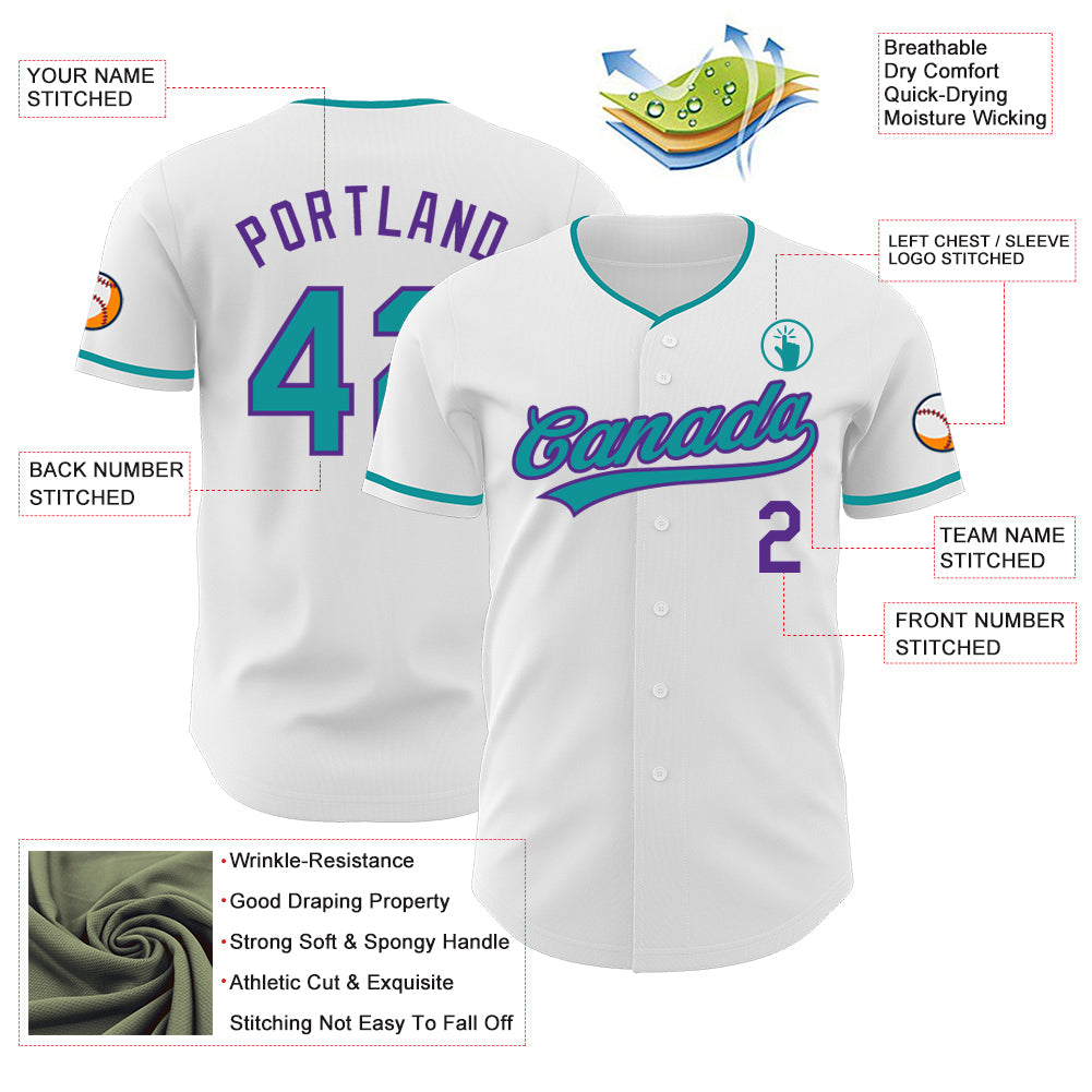Custom White Teal-Purple Authentic Baseball Jersey