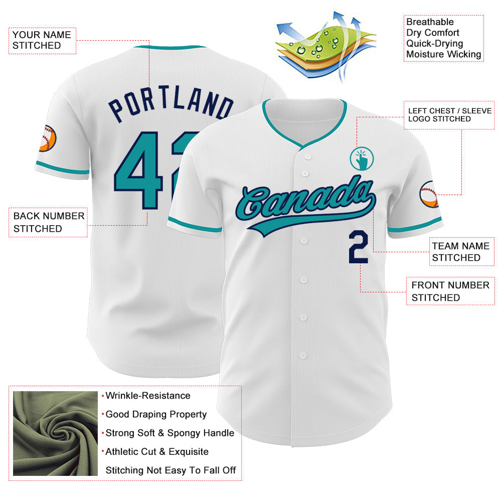 Custom White Teal-Navy Authentic Baseball Jersey