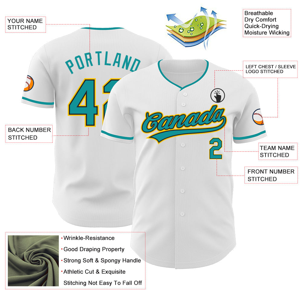 Custom White Teal Black-Yellow Authentic Baseball Jersey