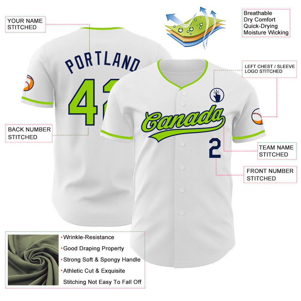 Custom White Neon Green-Navy Authentic Baseball Jersey
