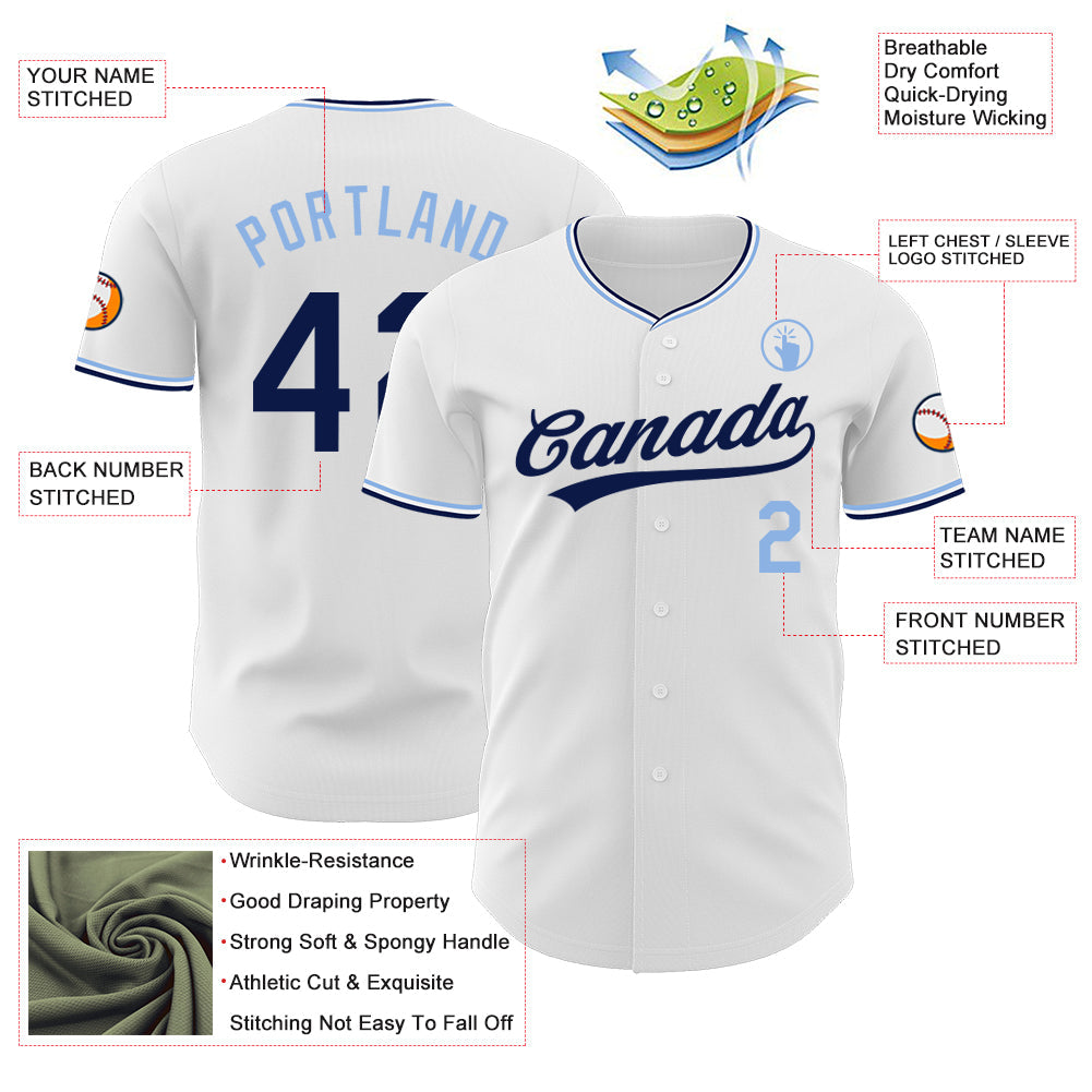 Custom White Navy-Light Blue Authentic Baseball Jersey