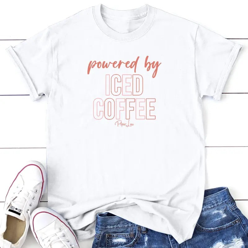 Powered By Iced Coffee Graphic Tee, Proudly Printed In The USA, Tee Gray / White, #sassy #cute #colorprint Hoodie, Sweatshirt