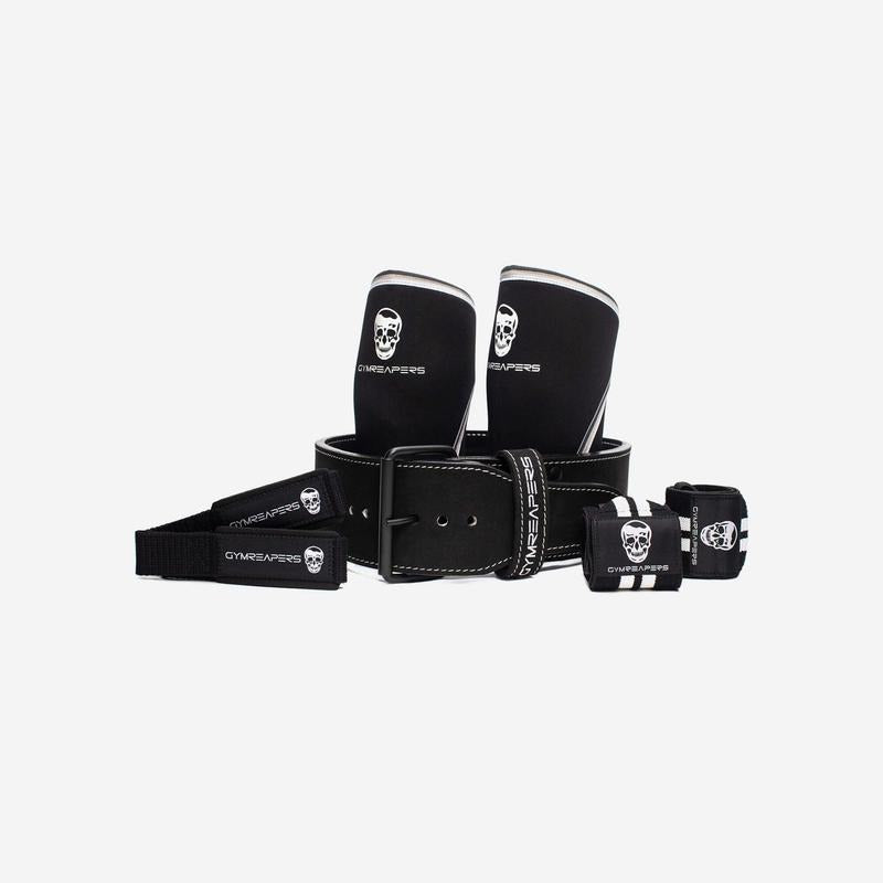 Gymreapers Single Prong Strength Kit - Black/White, Premium Leather 10mm Belt, 7mm Knee Sleeves, Padded Straps, and 18in...