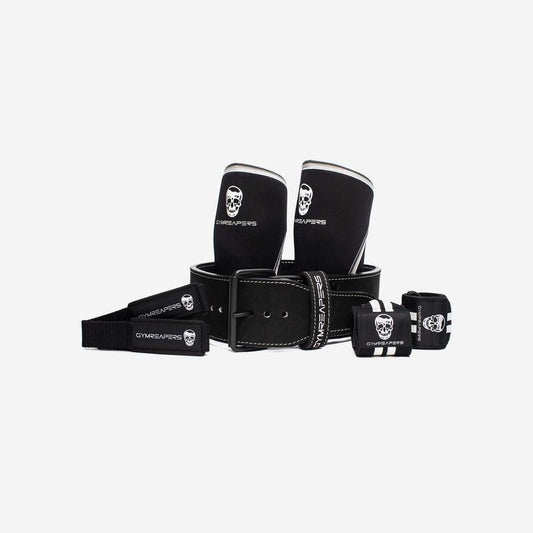Gymreapers Single Prong Strength Kit - Black/White, Premium Leather 10mm Belt, 7mm Knee Sleeves, Padded Straps, and 18in...