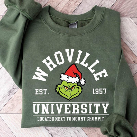 Whoville University Grinch Christmas Crewneck Sweatshirt, Hoodie, T-shirt | WearSparks.com