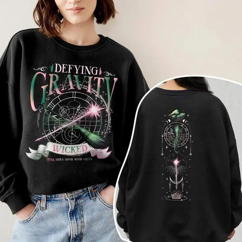 Wicked Defying Gravity Sweatshirt, Pink And Green Changed For Good Crewneck Sweater, Wicked Broomstick Magic Movie Fan...