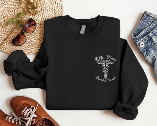 Wife Mama Respiratory Therapist Sweatshirt, RT Nurse Pocket Size Sweater, Nurse Appreciation, Nursing Mom Hoodie, Wife...