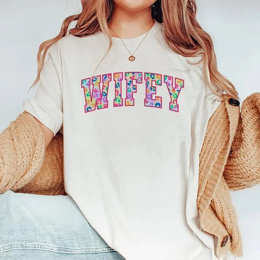 Wifey Shirt, Leopard Wife T-shirt, Faux Glitter Cheetah Wifey Graphic Printed Tee, Comfort Shirts For Wives, Soft Fabric...