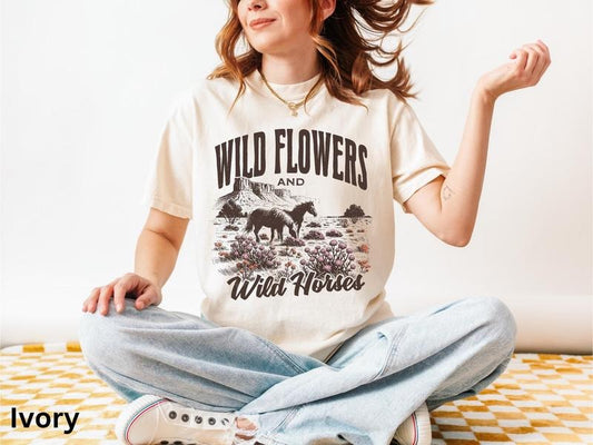 Wild Horses Wild Flowers Tshirtsretro Western s Shirtvintagecowgirl Shirt Retrorodeocountrywesternaesthetic Oversized Tee...