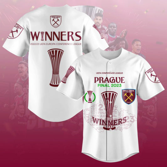 Winners 2023 UEFA Europa Conference League West Ham United White Design Baseball Jersey