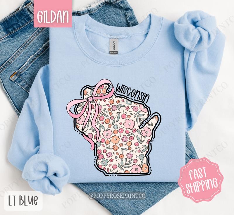 Wisconsin Floral Bow Gildan Sweatshirt, Cute Trendy State Coquette Pullover T-Shirts, Hoodie | WearSparks.com