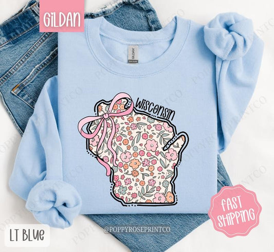 Wisconsin Floral Bow Gildan Sweatshirt, Cute Trendy State Coquette Pullover T-Shirts, Hoodie | WearSparks.com