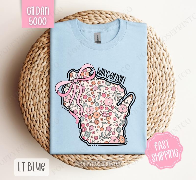 Wisconsin Floral Bow Gildan T-shirt, Cute Trendy Tee, State Coquette Oversized Top Hoodie, Sweatshirt | WearSparks.com