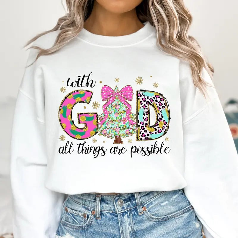 With God All Things Are Possible Floral Coquette Pink Leopard Christmas Tree Sweatshirt, Jesus Christmas Green...